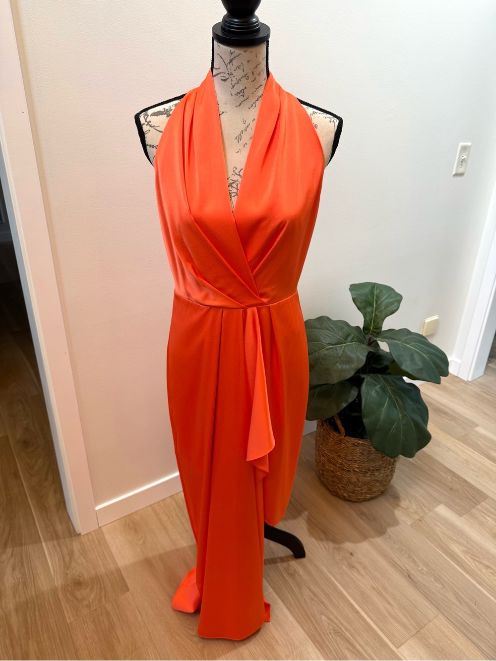 Alex Marie Orange Halter Asymmetrical Dress NWT Size 8 Draped Wrap Formal Gown